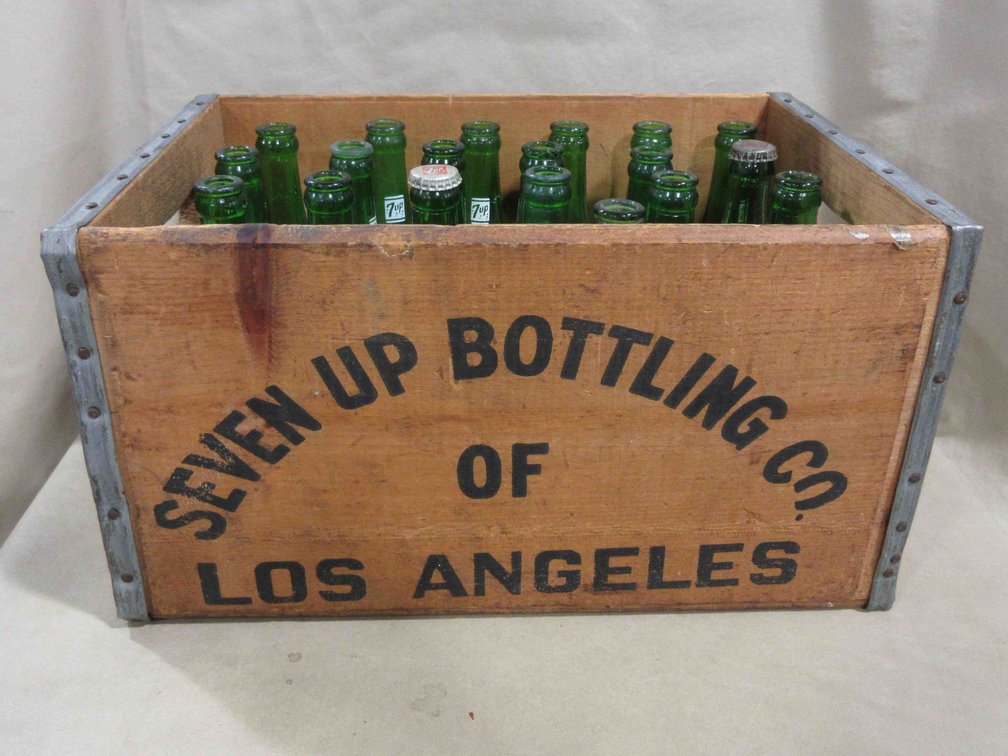 7-Up wood crate with contents of (19) 8"H bottles