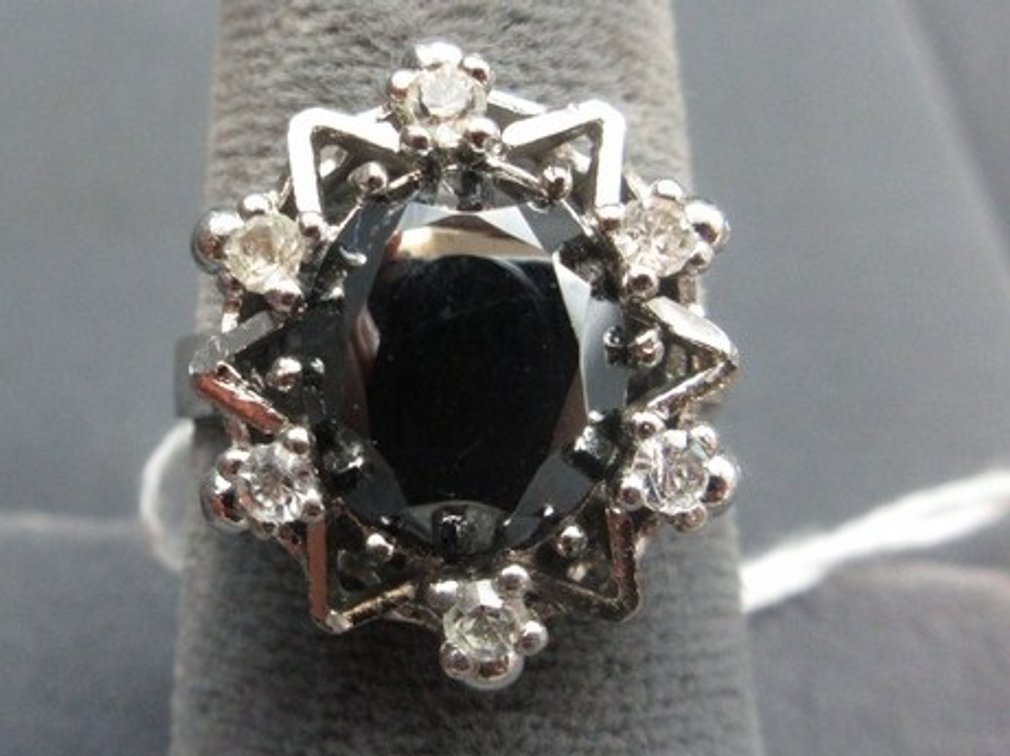Vintage sterling ring with black faceted onyx stone and clear rhinestones
