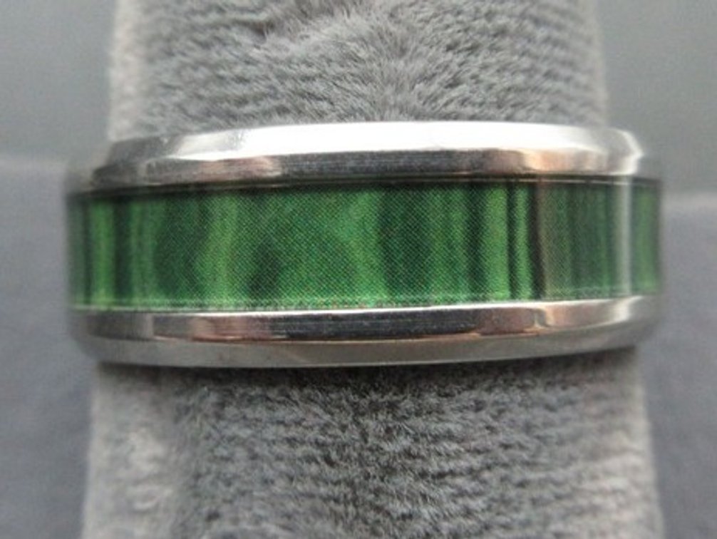 Unmarked silver-tone band ring with green center band