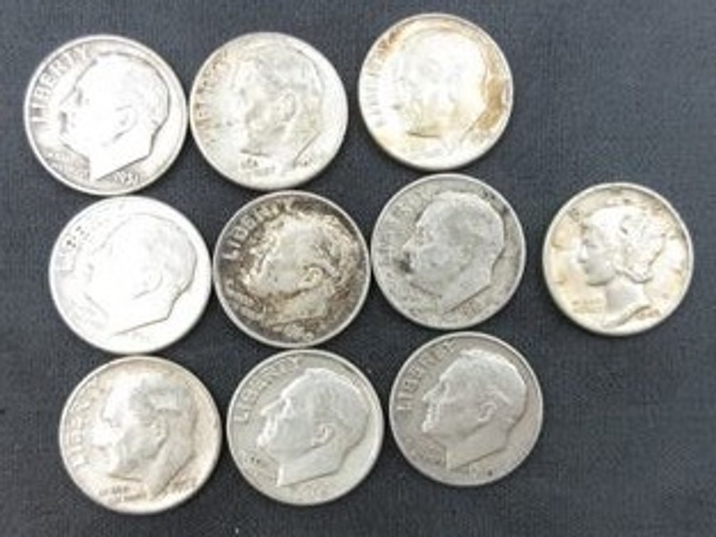(9) Silver Roosevelt & (1) Mercury dimes