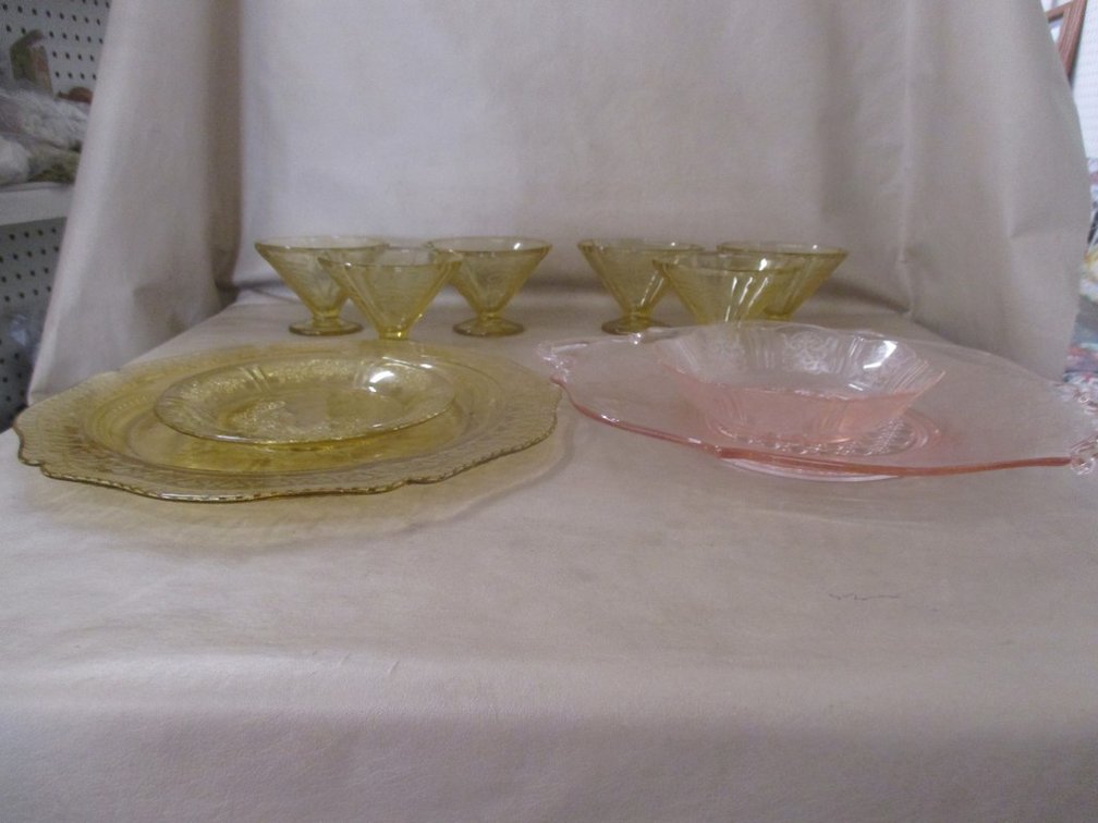 Pink and yellow Depression Glass group