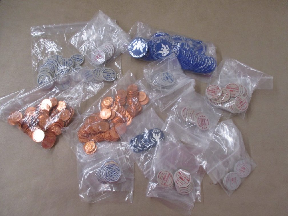 Flat of assorted tokens and chips 