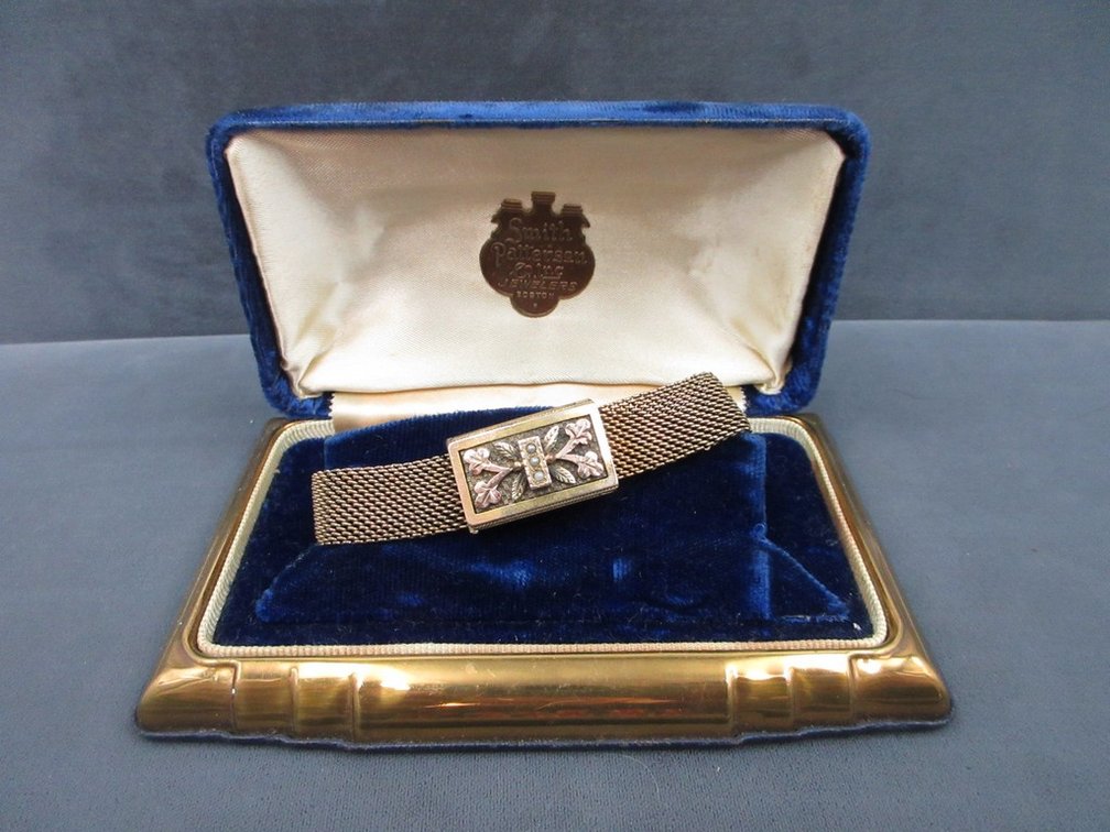 Victorian gold-filled mesh slide bracelet with seed pearls