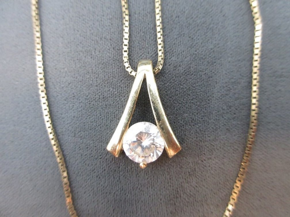 .925 Gold on silver 16" box chain with CZ stone pendant