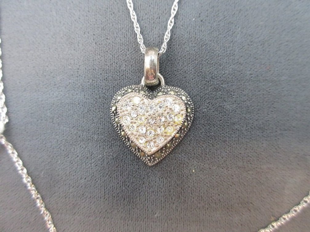 Sterling silver CZ marcasite heart pendant on 18"L sterling chain