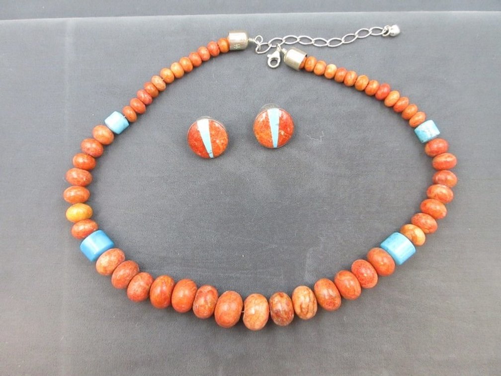 Sterling silver coral and turquoise signed .925 DTR necklace and pierced earring set
