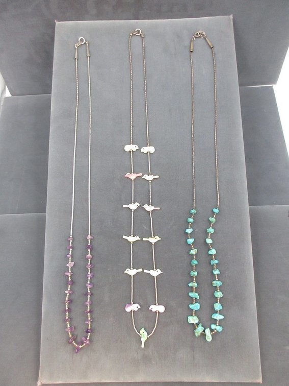 (3) Liquid silver with amethyst, turquoise, and mother of pearl stones