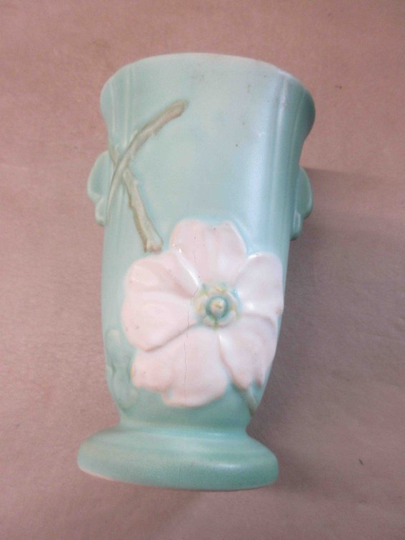 Weller Pottery mint green Wild Rose vase with tab handles