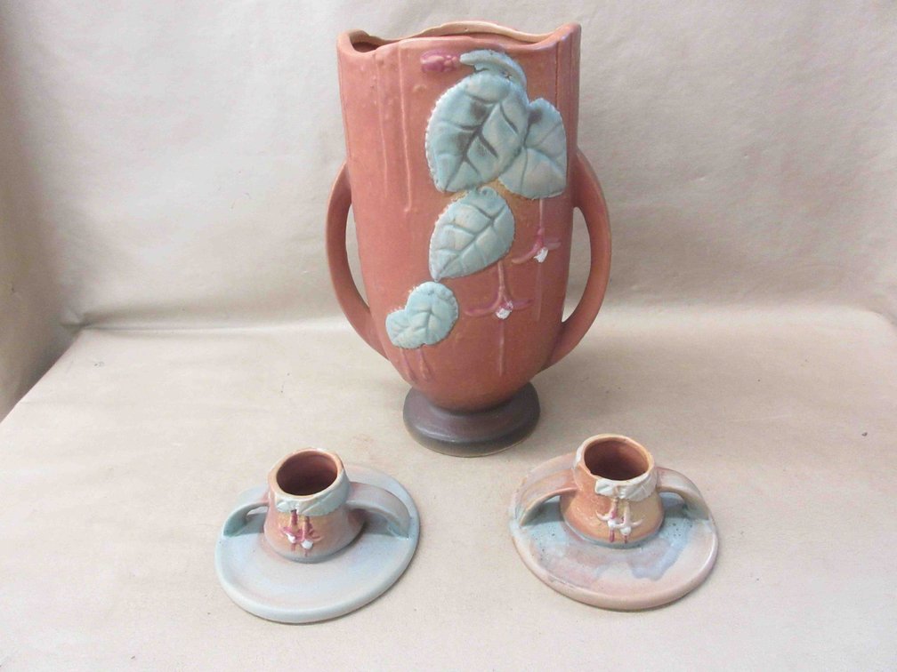 Roseville Pottery Fuchsia vase and matching candle holders