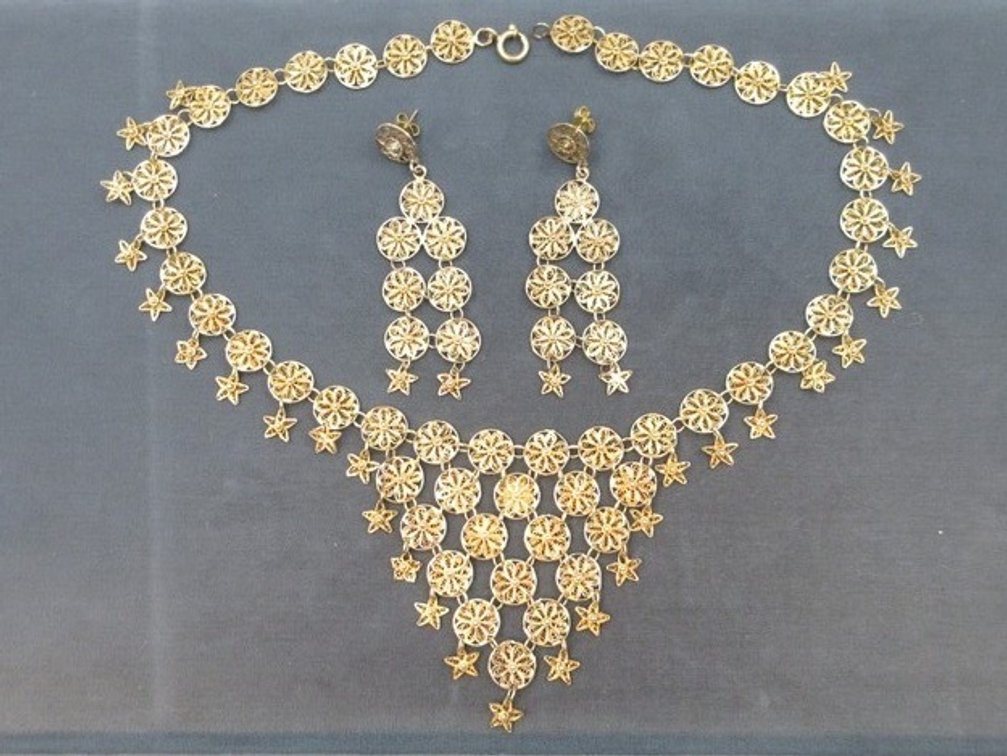 Vintage sterling filigree bib necklace and pierced earring set