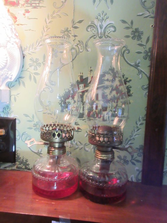 (2) Matched antique oil lamps with chimneys