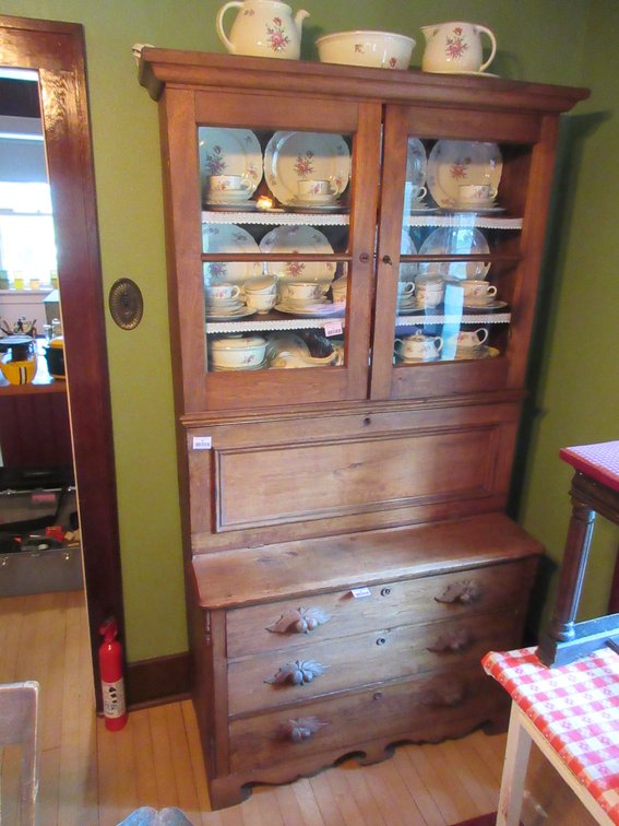Antique drop front desk with curio top and 3-drawer base