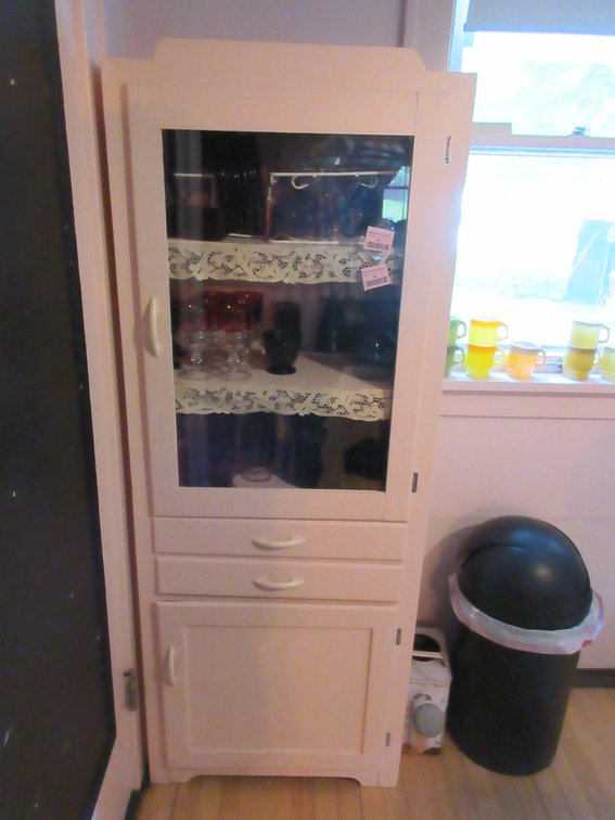 Antique pink painted wood glass front cabinet
