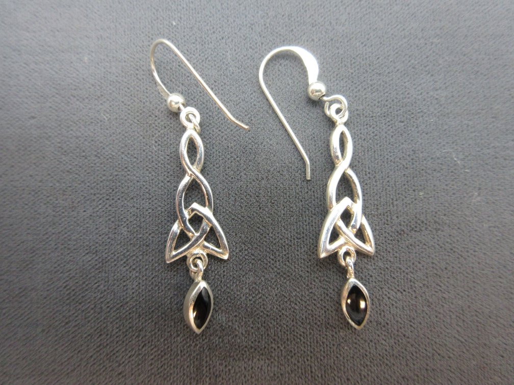 Sterling silver Celtic design dangle earrings with black onyx accent