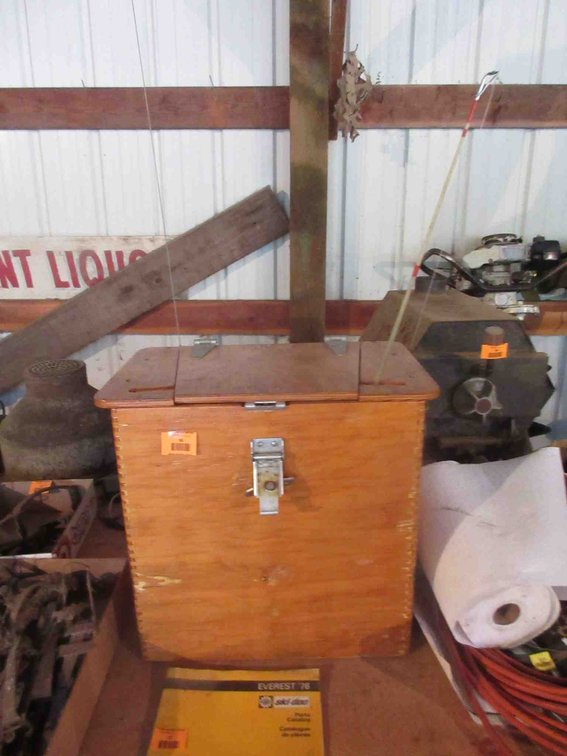 Wood ice fishing box with contents