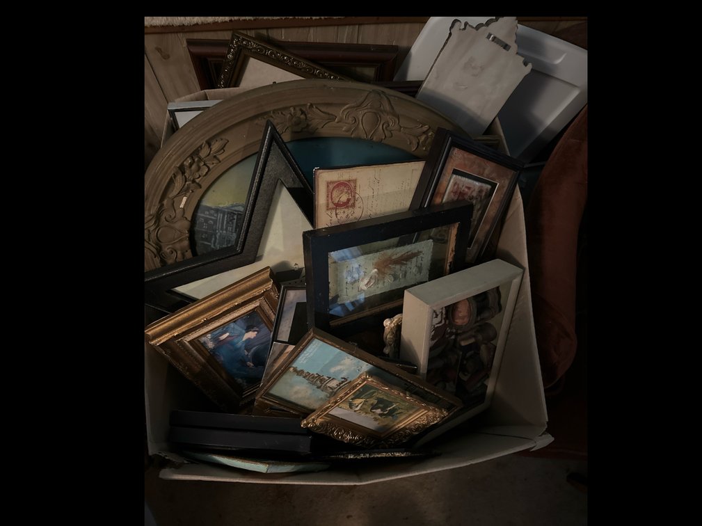 Large box of pictures and frames 