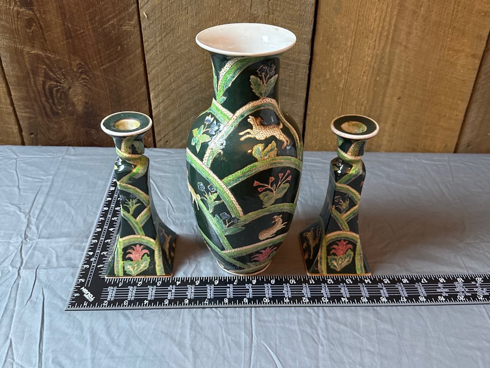 Vintage Chinese Hand Painted Vase and Candle Holders - Tree of Life Pattern