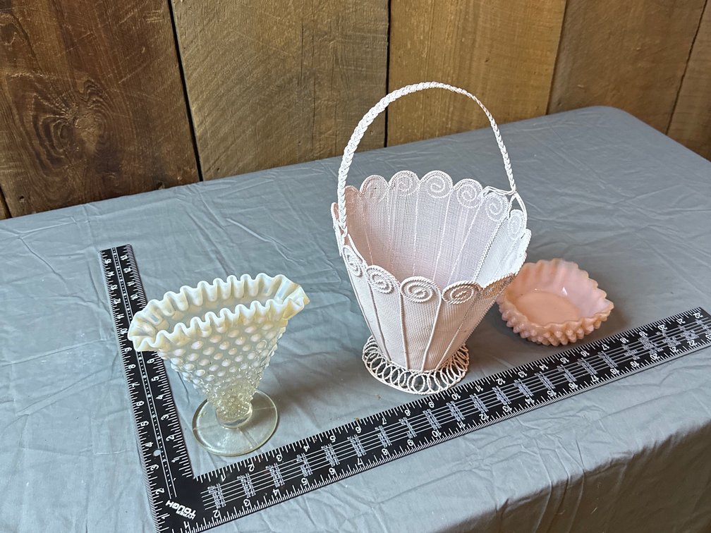 Fenton Vase, A Basket and Pink Fenton Dish