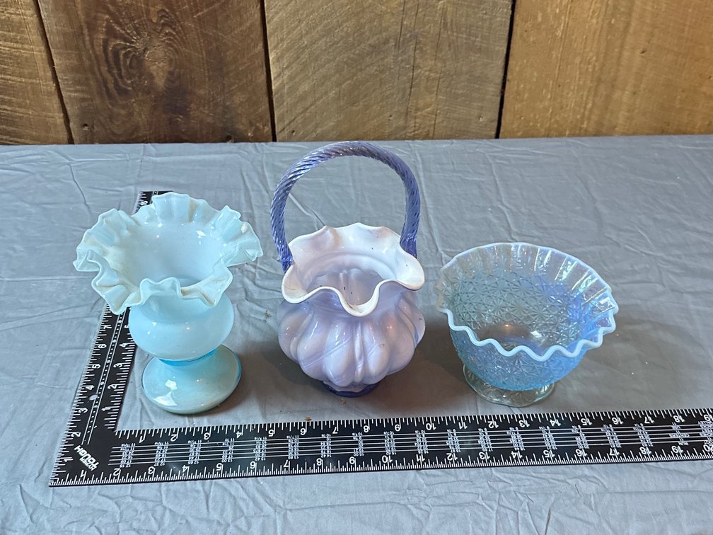 2 Fenton Art Glass Vases and small blue dish