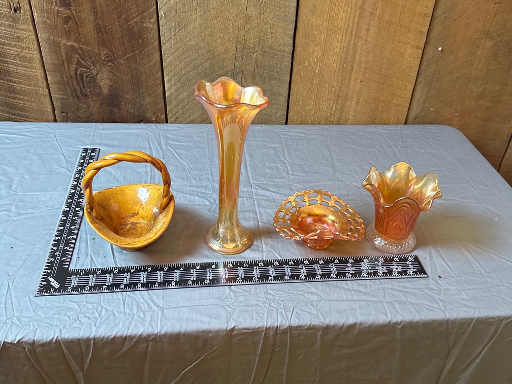 3 Fenton Marigold Class pieces and ceramic basket (not Fenton)