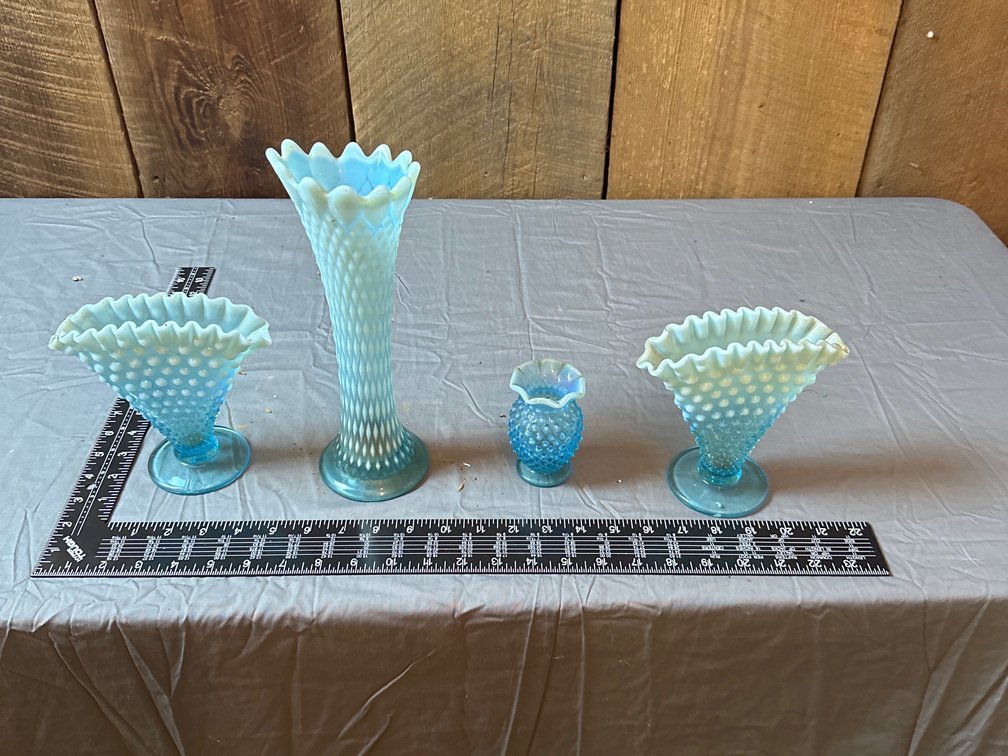 3 Fenton Blue Glass Pieces and Northwood Blue Vase