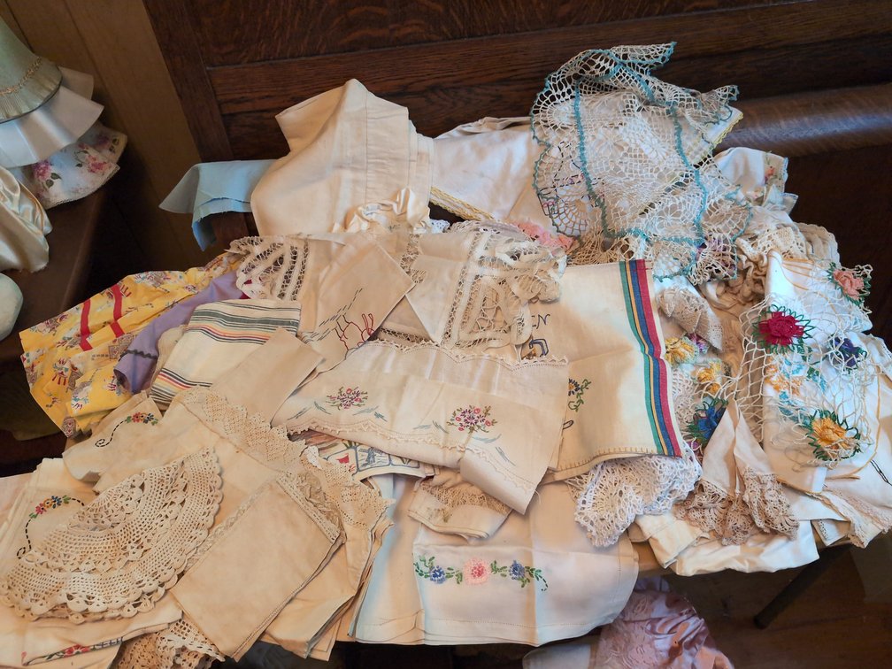 Lot of Vintage Doilies, Embroidered Items. and Baby Clothes