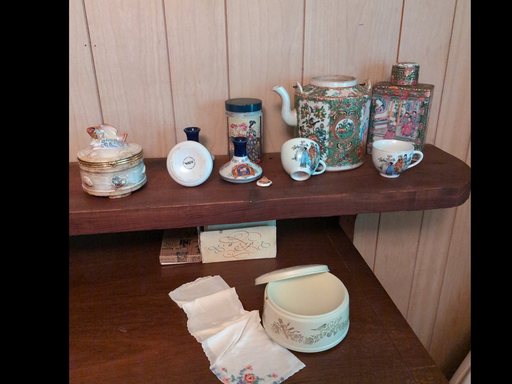 Antique Chinese Famile Rose Medalion Teapot, Vintage Chinese Tea Caddy and other decorative items. 