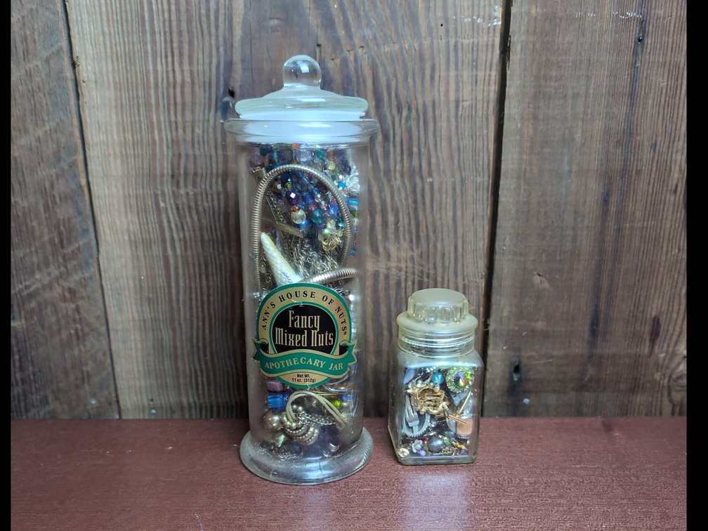 Mystery jar and small jar of jewelry 