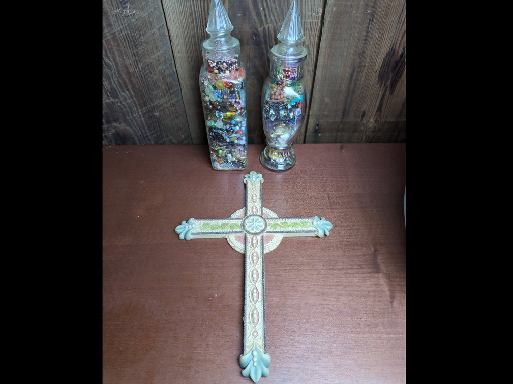 2 mystery jars of jewelry and a cross 