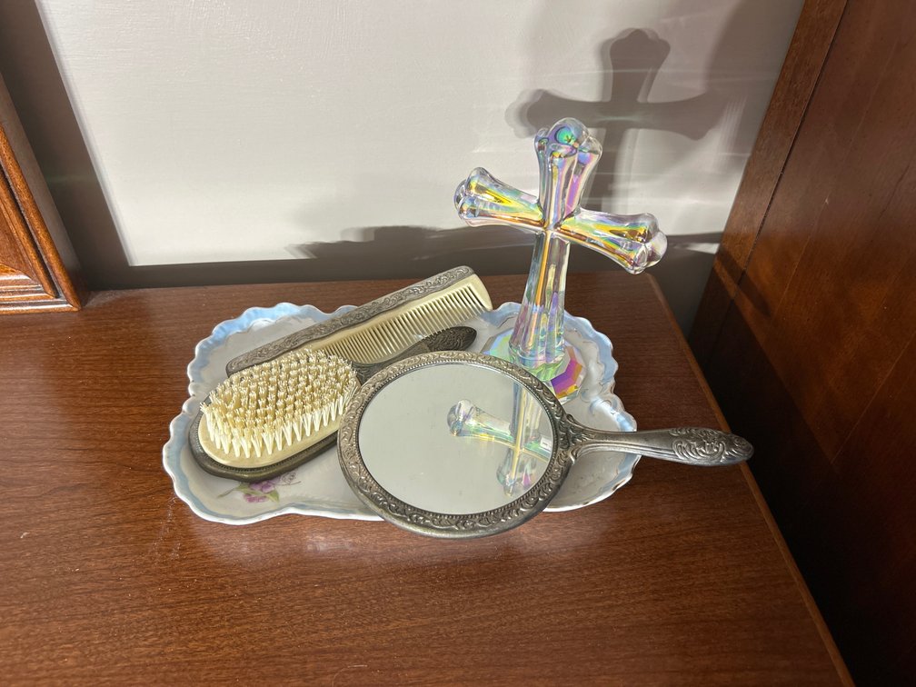 Vintage Silver-plated hairbrush set with decorative cross