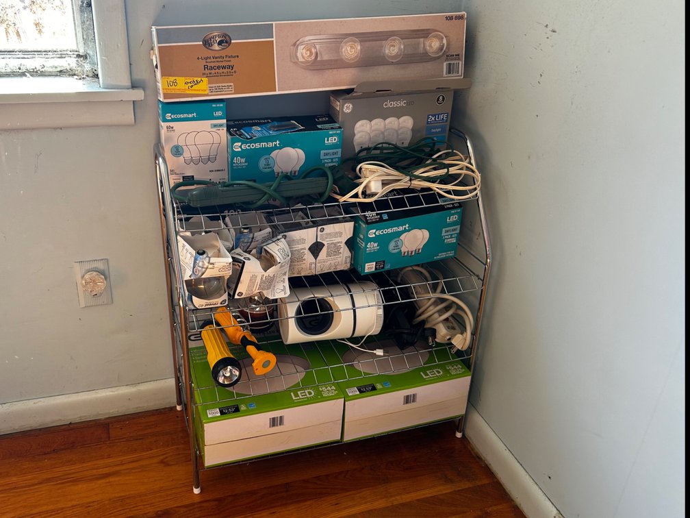 Shelf with Lightbulbs, Light Fixtures, Flashlights