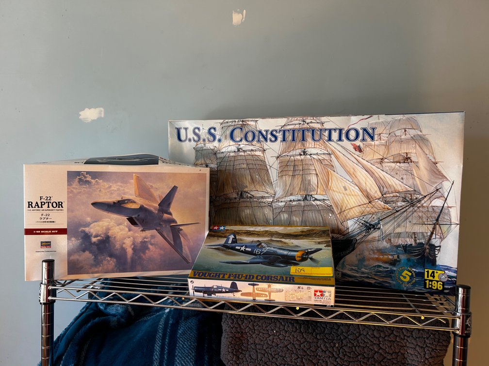 USS Constitution Model Ship kit; F22 Raptor Model kit; Vought F4U-1D Corsair Model Kit