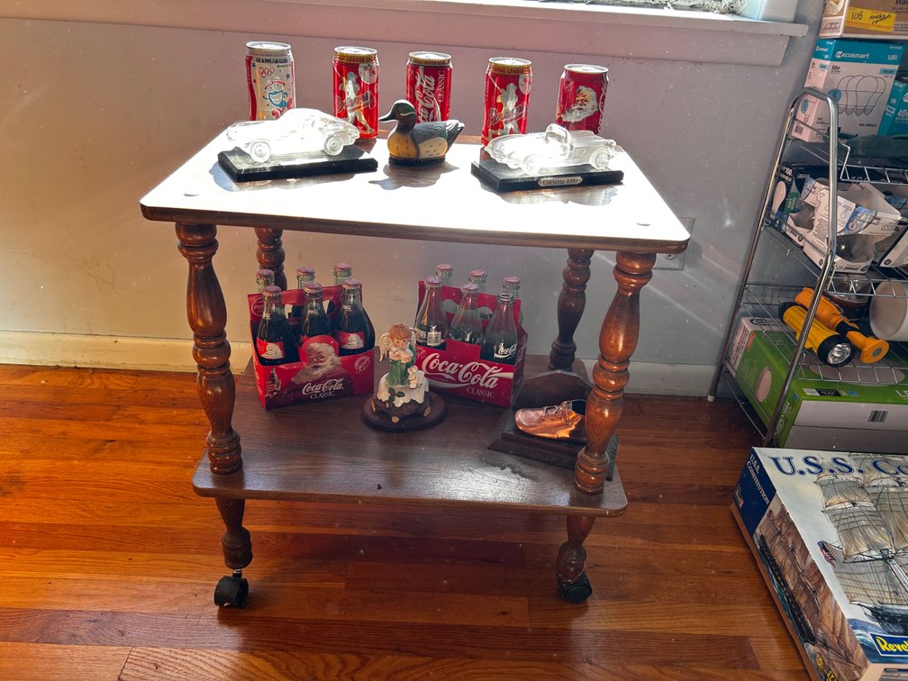 Novelty Coca-Cola Bottles/ Cans, Lead Crystal Corvette Figurine with Wooden Rolling Shelf