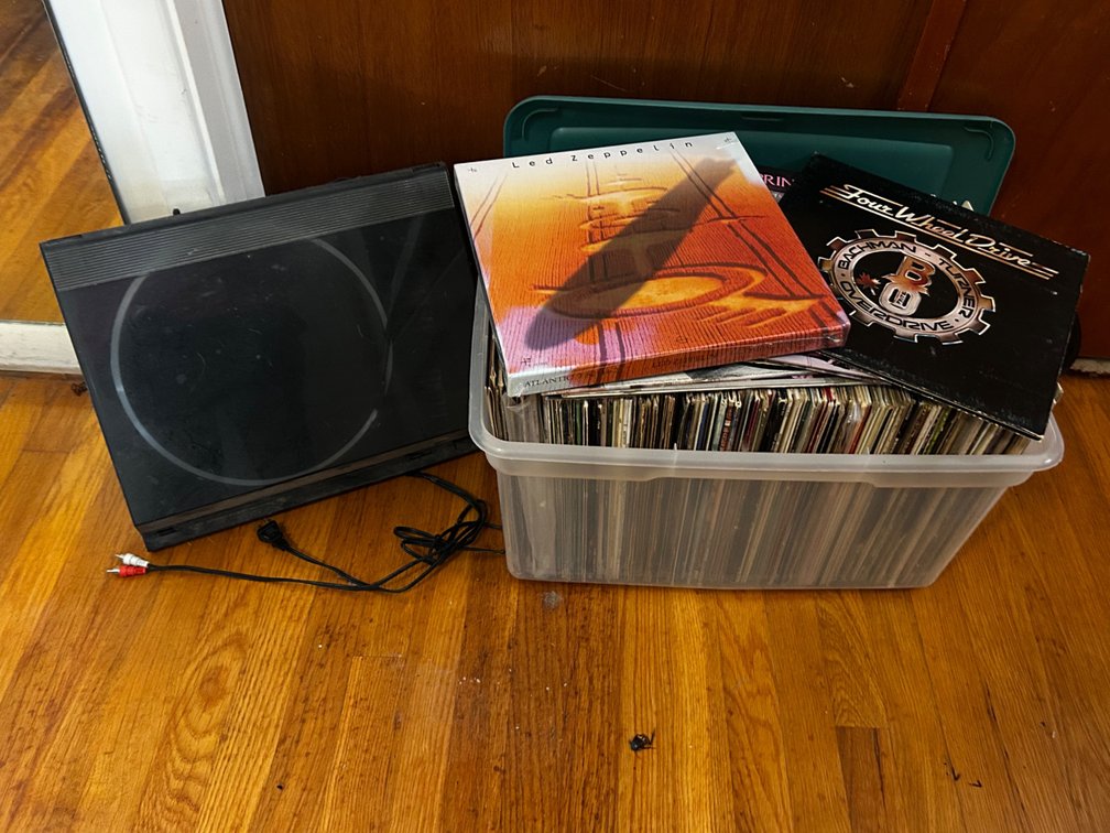 Record Player with Box full of Records