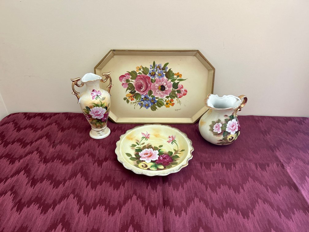 Vintage Hand Painted Tray; Vase; Pitcher