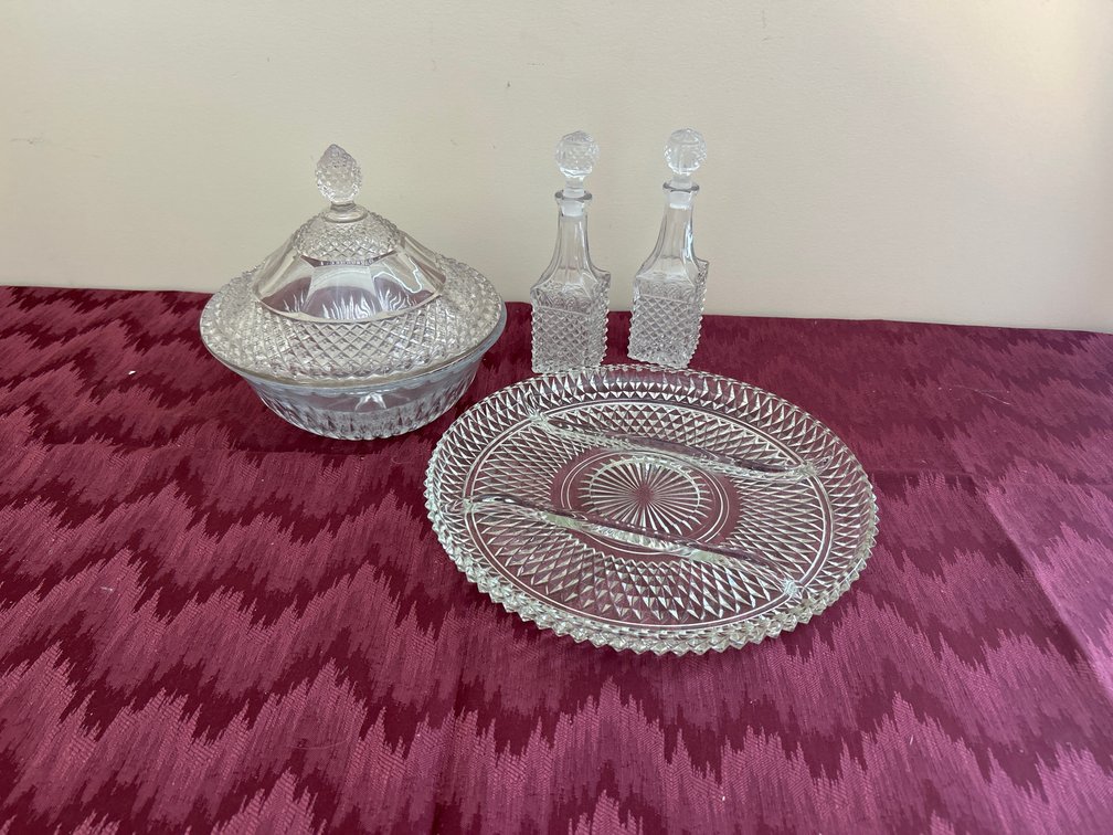 Vintage glass decanters, Candy dish, serving tray