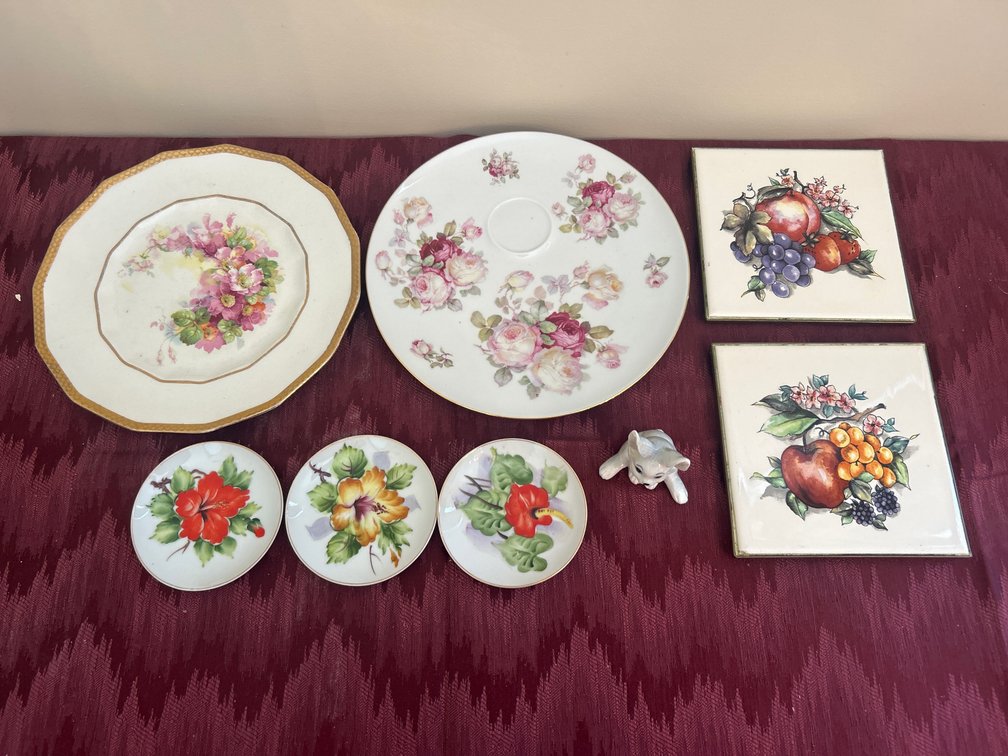 Fruit/Floral Plates; Bunny figurine