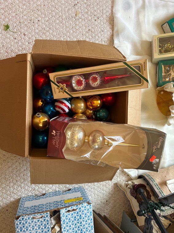 Box of Ball Ornaments; 2 Big Glass Ornaments