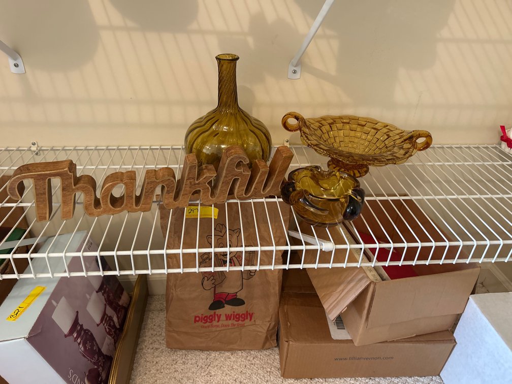 Fenton Amber Glass basket, Murano Glass Ashtray, Amber Glass Bottle, Thankful sign