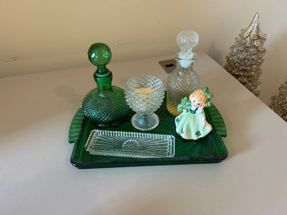 Hobnail Decanters, Green Glass Serving Tray, Glass Candle Holder, Figurine