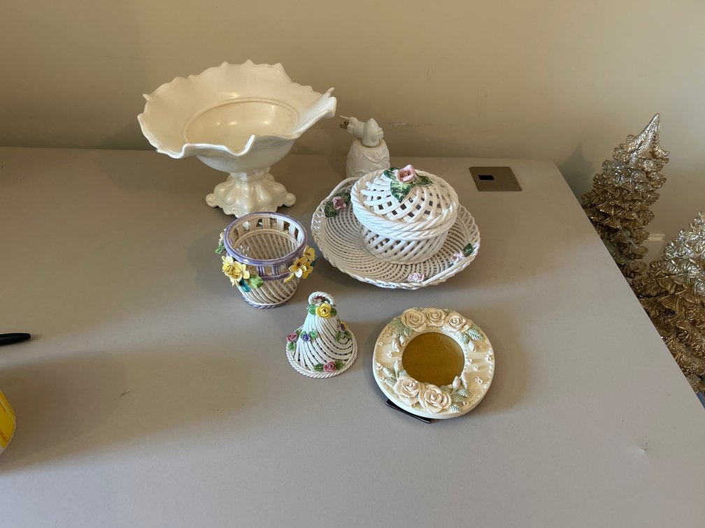 Ruffled Rimmed White Glass Bowl & Decorative Items