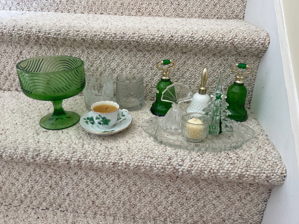 Avon 1978 Emerald Green Bell Perfume Bottle, Emerald Green Compote Bowl, Glasses, Decorations