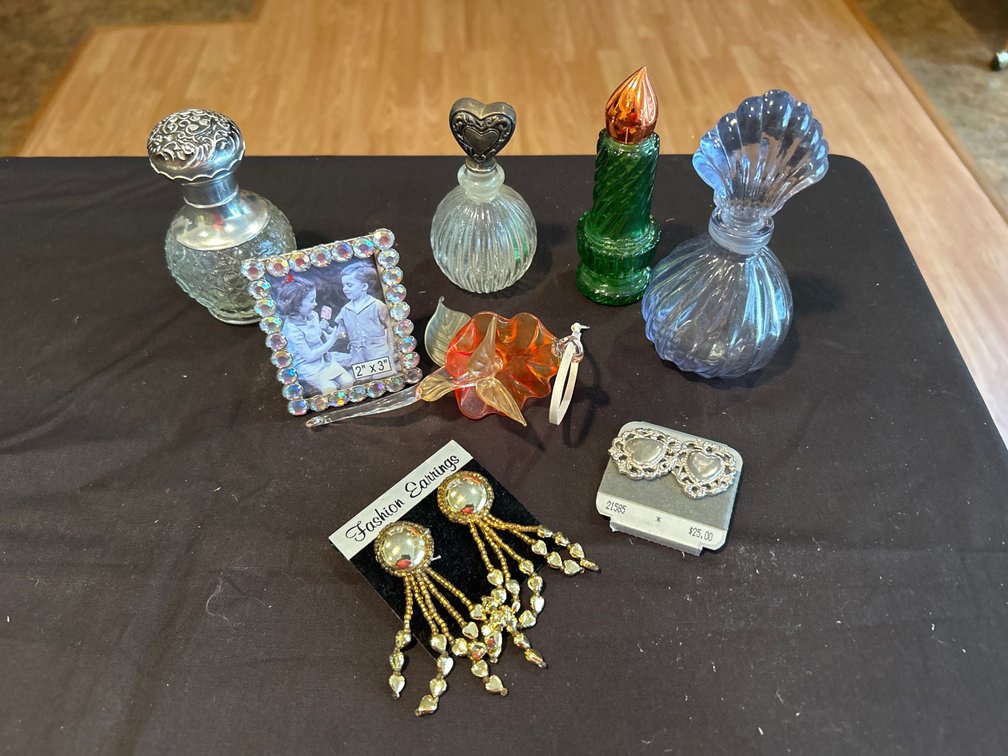 Avon Perfume Bottle, Earrings, Picture Frame