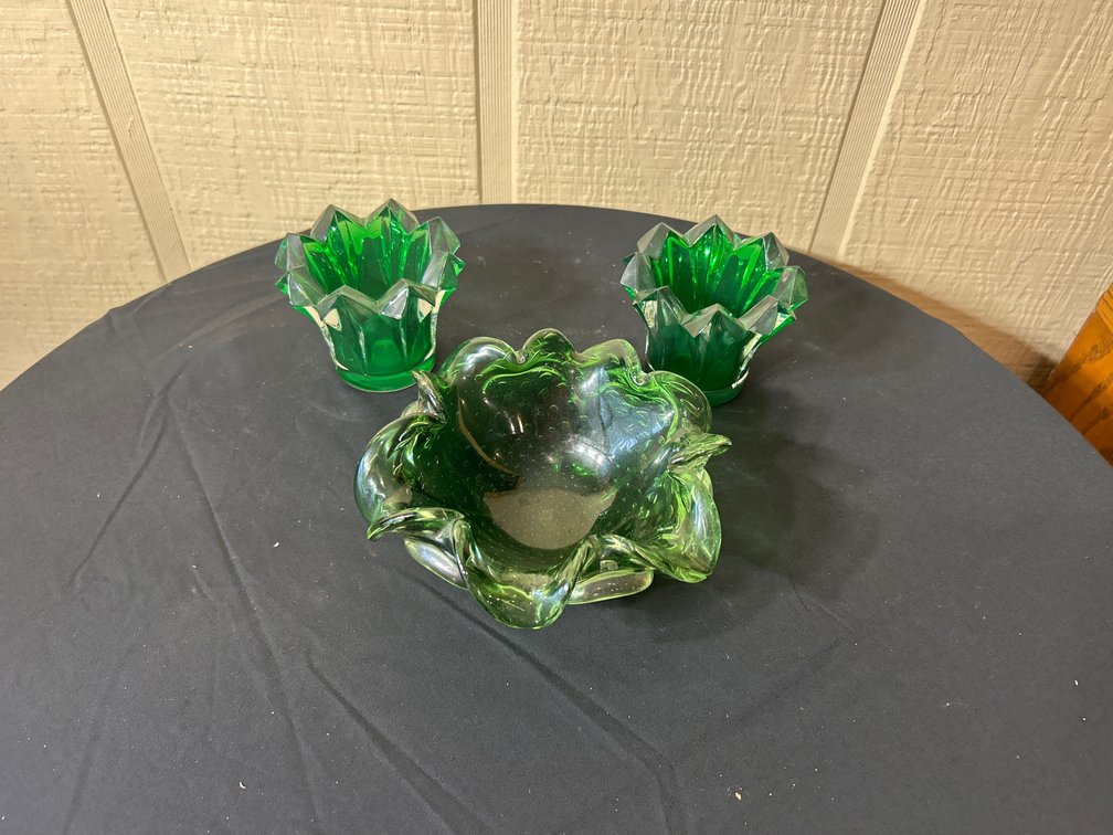 Murano Green Ruffled Rim Piece, Green Glass Votive Candle Holder