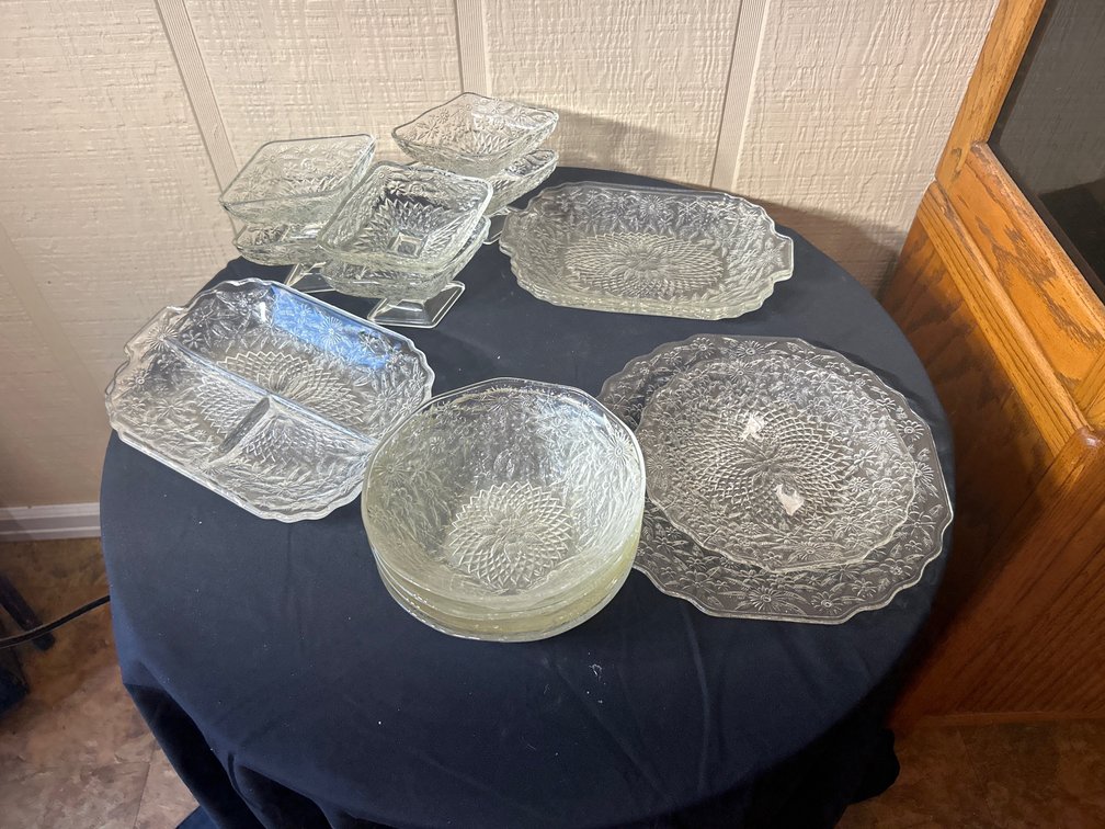 Collection of Vintage Clear Glass Tableware Embossed Floral and Pineapple Pattern