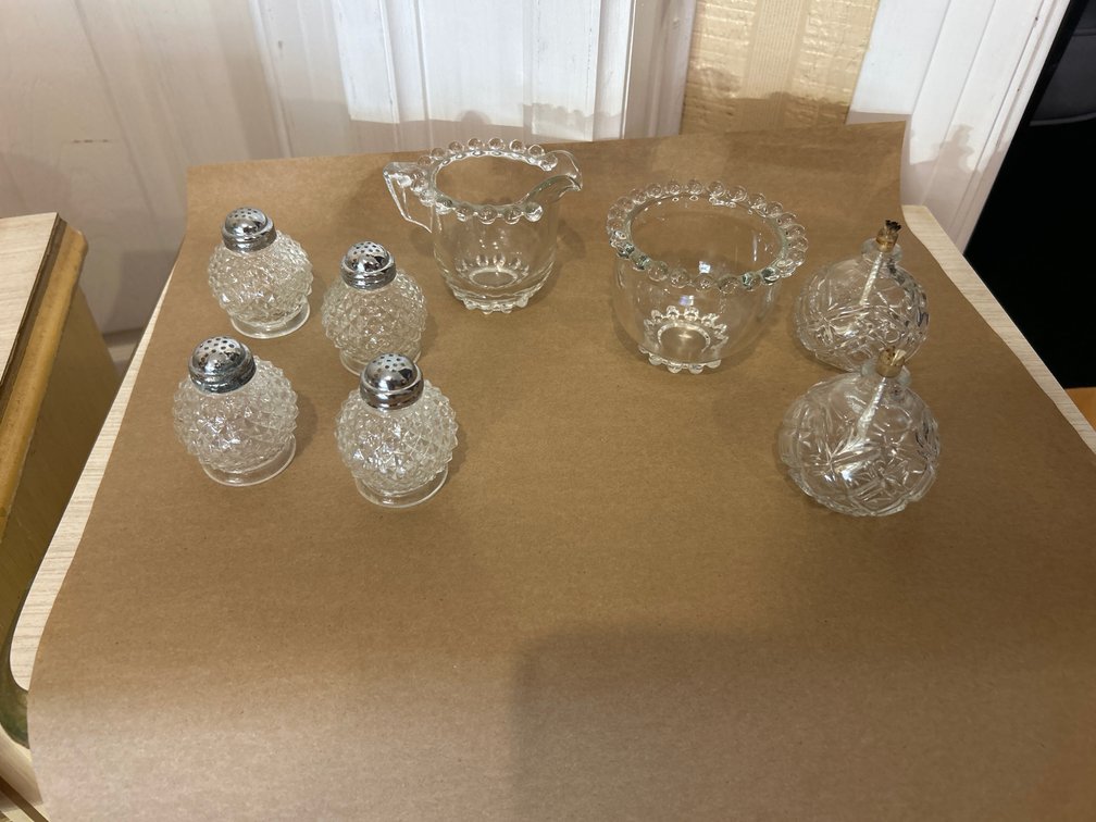 Glass Salt & Pepper Shakers, Pitcher, etc