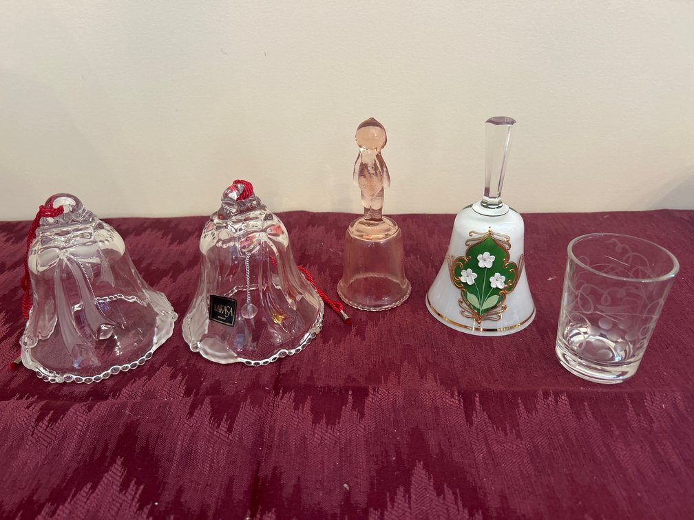 Mikasa Christmas bell; Pink Depressed Glass Kewpie Doll Bell