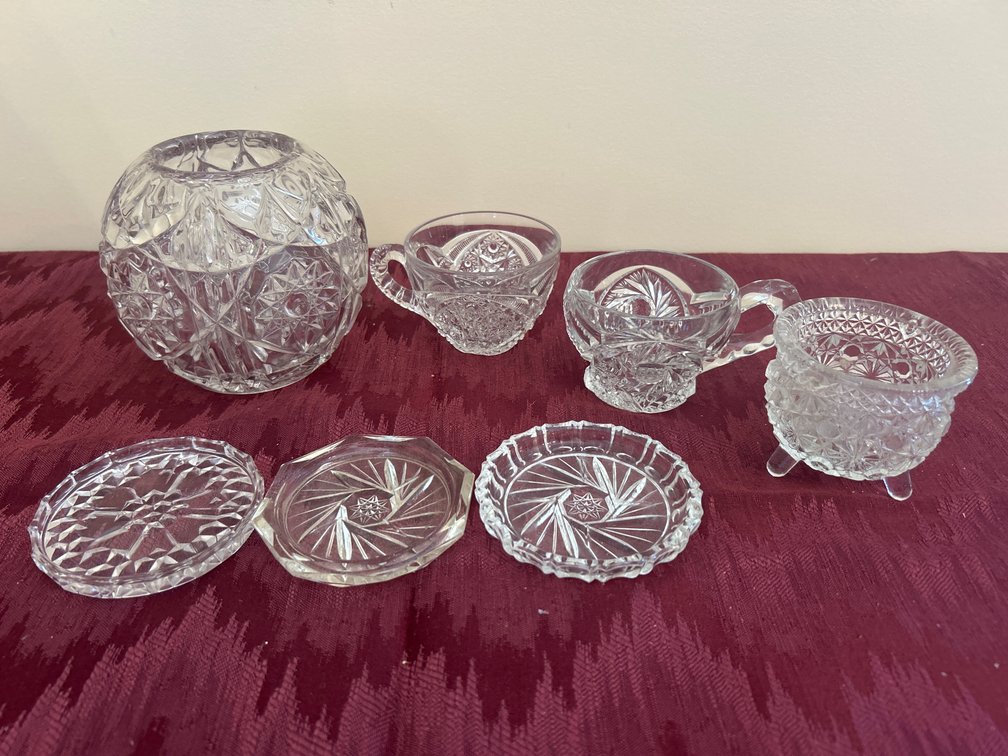 Glass Rose Bowl; Footed small candy dish; Coasters; Cups