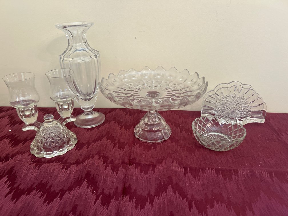 Glass Cake Plate; Napkin Holder; Vase; etc