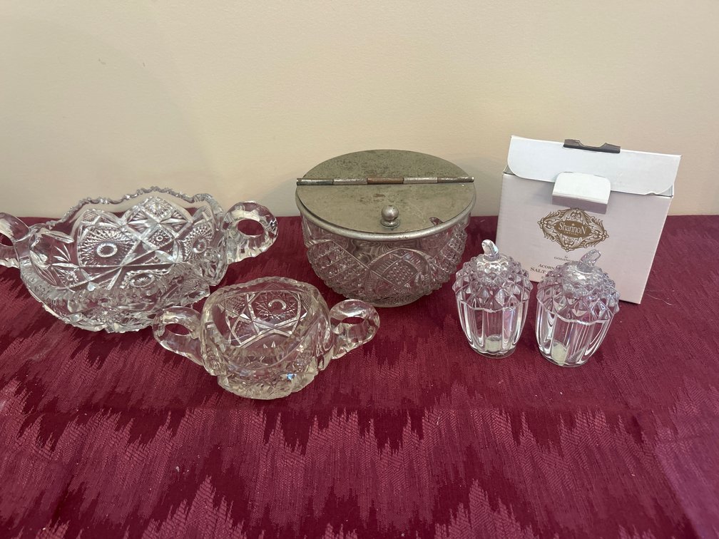 Shannon Crystal Acorn Salt & Pepper Shakers; Flip Top Bowl; Sugar Bowls